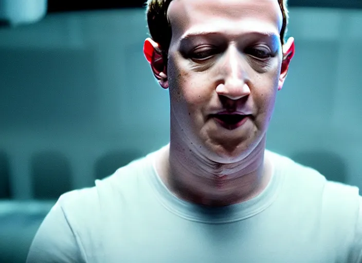 Image similar to film still of mark zuckerberg floating in a tank of milky fluid as a precog eyes closed and wires on his forehead minority report movie, 8 k