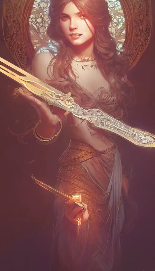 Image similar to magic wand, intricate, highly detailed, digital painting, artstation, concept art, weapon, sharp focus, illustration, Unreal Engine 5, 8K, art by artgerm and greg rutkowski and alphonse mucha