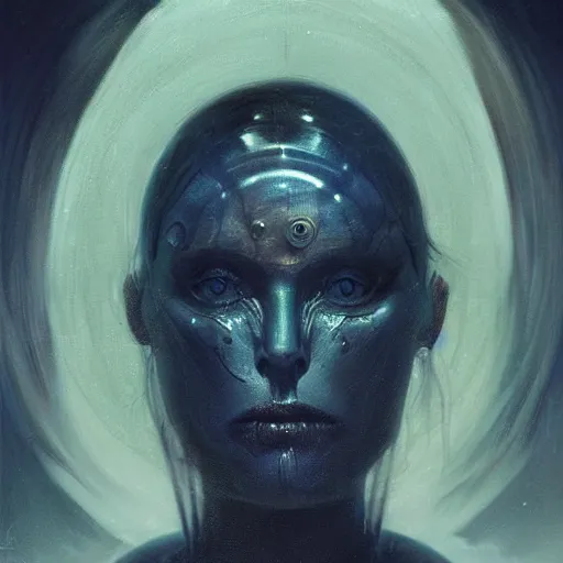 Image similar to surreal portrait of a woman by Greg Rutkowski and H.R Giger, Vincent Di Fate, cyborg of old age, symmetrical, hair as wires, haunting appearance, pale as marble, biomechanical and intricate, empty and uncany expression, frightening, space horror, fascinating, highly detailed portrait, digital painting, artstation, concept art, smooth, sharp focus illustration, duo tone, HQ.