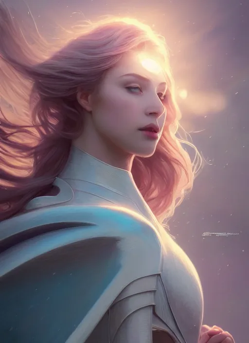 Image similar to one angel, big wings, low key light, full plate armor with cloth, f 1 6, bokeh, extreme close up portrait, gentle, female, mountain, storm, god rays, landscape, d & d, fantasy, elegant, teal pink white gold color palette, concept art, artgerm and greg rutkowski and alphonse mucha