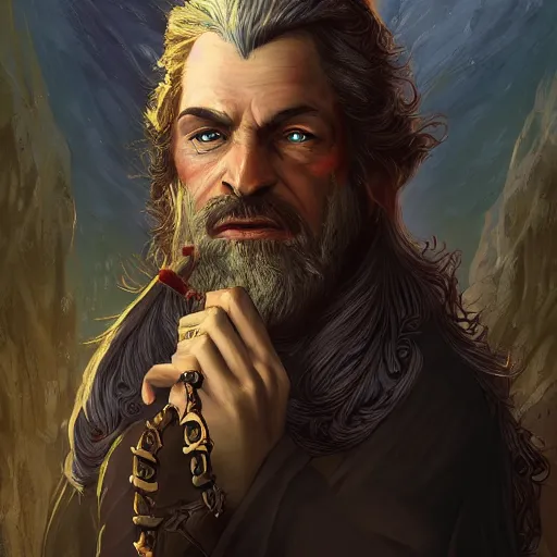 Image similar to Meneldas the Magnificent, a proud wizard with a raven familiar, 8k resolution, full-length portrait, digital painting, fantasy illustration by Brom, D&D Dark Sun character art