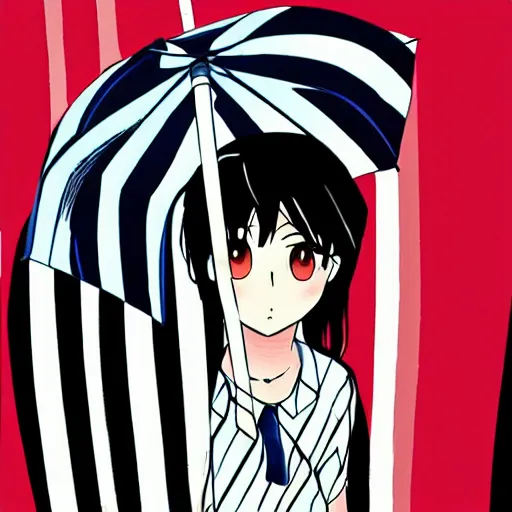 Prompt: rain, stripes, anime 1 9 8 0, umbrella, girl