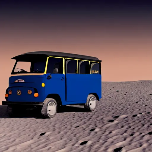 Prompt: a dark blue tuk tuk traveling on the surface of the moon, moon craters, black sky, hard science fiction, milky way, moon, matte painting, concept art, 4k