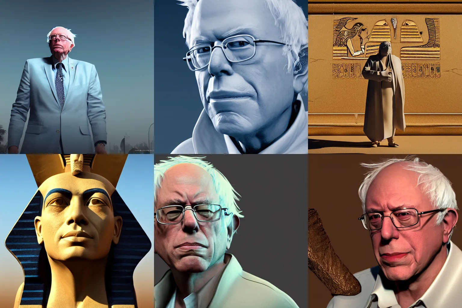 Prompt: Bernie Sanders as a Egyptian Pharaoh, majestic, elegant, smooth, 8k, trending on artstation, octane render, 3d render, soft light, wide angle,