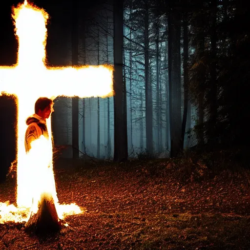 Prompt: robert lewandowski in front of a burning christian cross, night, forest, dark, black