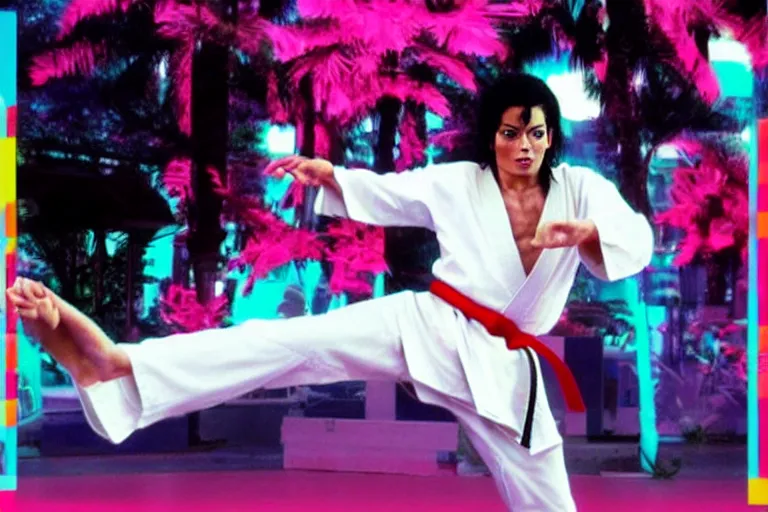 Prompt: Michael Jackson does karate moves in a aesthetic vaporwave outrun futuristic background