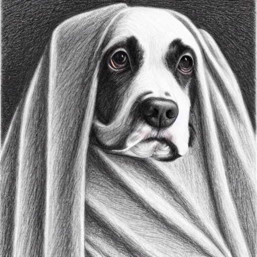 Prompt: a painting of a dog wrapped in a blanket, a color pencil sketch by robert bateman, tumblr contest winner, furry art, tarot card, pre - raphaelite, storybook illustration