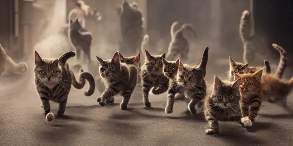 Prompt: many cats running in every direction and up walls and jumping all over the place, movie cameras, lights shining, dramatic, smoke fx, chaos on a busy movie set, in the style of steven speilberg