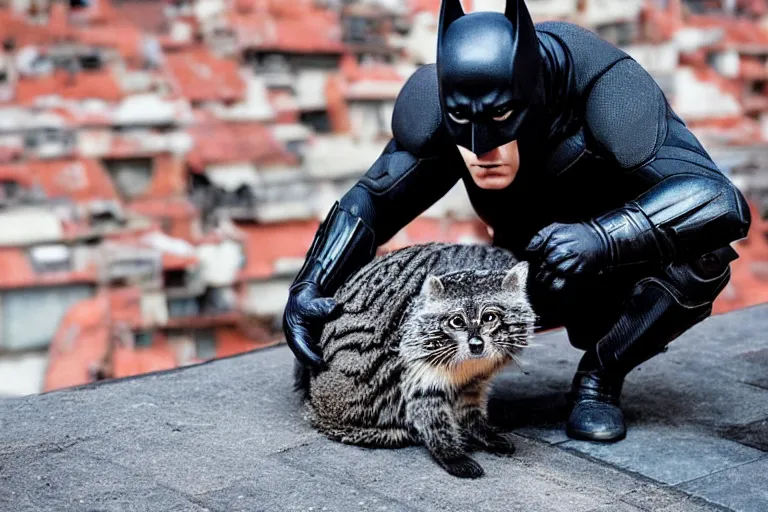 Image similar to Batman petting his Pallas cat on a rooftop, by Emmanuel Lubezki