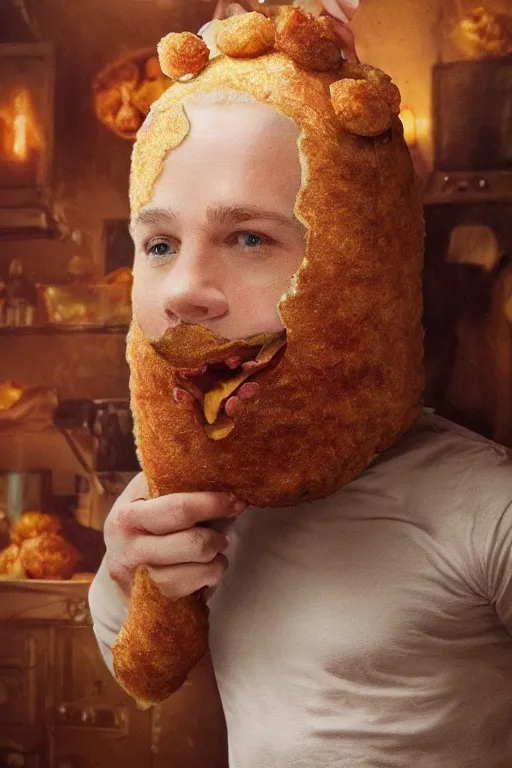 Image similar to channing tatum wearing a tater tot costume, oil on canvas, intricate, 8 k highly professionally detailed, hdr, cgsociety