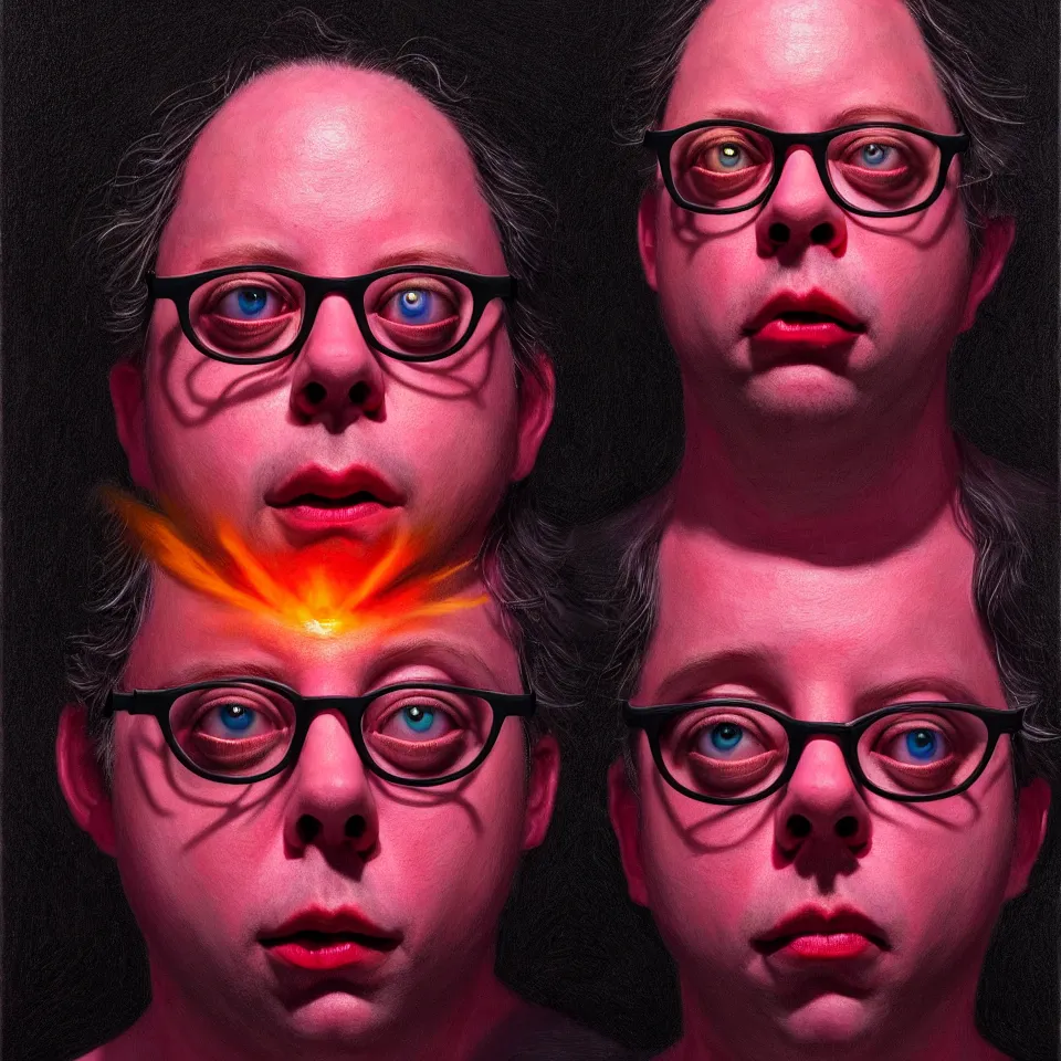 Prompt: bright realistic todd solondz turning into god and satan, diffuse lighting, fantasy, intricate, elegant, highly detailed, lifelike, photorealistic, digital painting, artstation, illustration, concept art, smooth, sharp focus, art by francis bacon