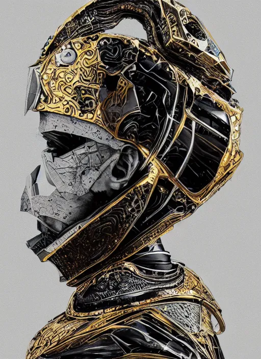 Prompt: portrait of king arthur knight cyborg, kintsugi, modern fine art, fractal, intricate, elegant, highly detailed, digital photography, subsurface scattering, by frank miller,