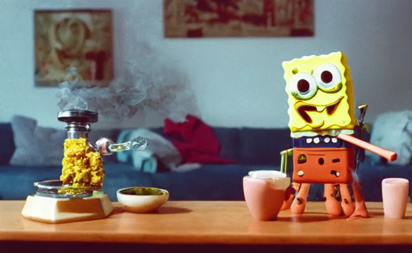 Prompt: spongebob smoking out of a bong in a very 60's hippy style apartment, 35mm,Epic,cinematic