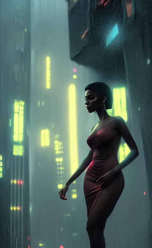 Prompt: hyper - realistic, digital matte painting of an attractive haitian femme fatale woman wearing a dress, blade runner environment, cinematic lighting, 4 k textures, sharp focus, by greg rutkowski, by ilya kuvshinov, by eric - anthony johnson