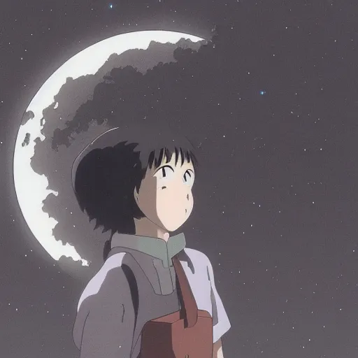 Image similar to looking at the moon, anime by Studio Ghibli, realistic, by Hayao Miyazaki