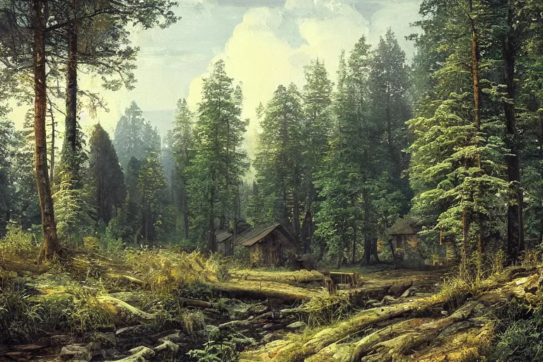 Image similar to A beautiful painting of russian village in dark forest by ivan shishkin and arkhip kuindji, trending on artstation, matte painting