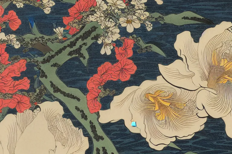 Image similar to a beautiful and hyperdetailed ukiyo - e drawing of tangled irises and flowers by katsushika hokusai, in style by utagawa kuniyoshi and utagawa hiroshige, japanese print art, intricate, elegant, fine, complex, chinese style 4 k