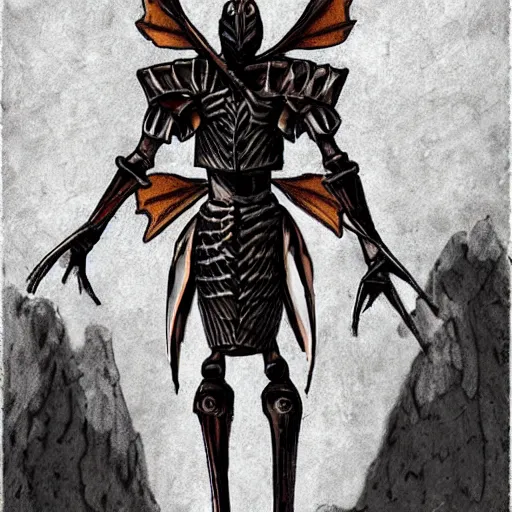 Image similar to A humanoid mosquito, reminiscent of a winged medieval knight armor. Castlevania style.