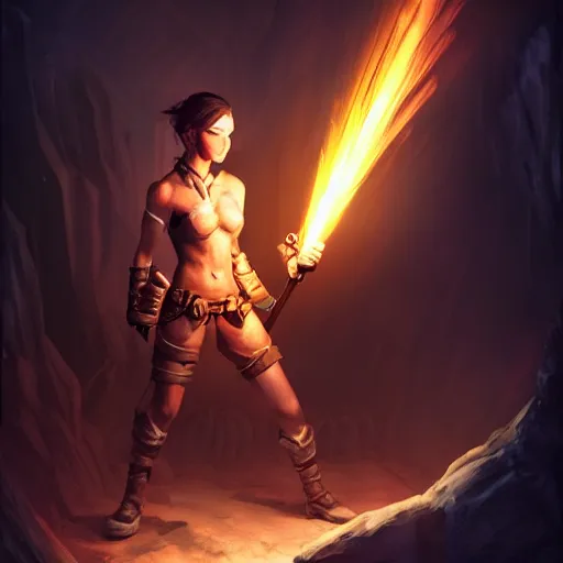 Image similar to a epic hero adventurer holding a torch in a dark cave, artgerm, realistic, cryengine, symmetric