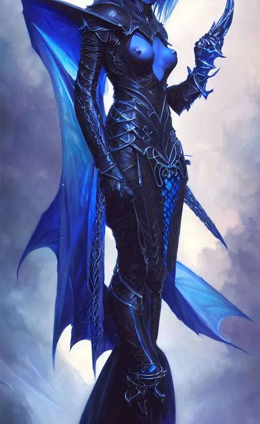Image similar to Gothic elf princess in dark and blue dragon armor, sci-fi, highly detailed, digital painting, artstation, concept art, smooth, sharp focus, illustration, art by artgerm and greg rutkowski and alphonse mucha