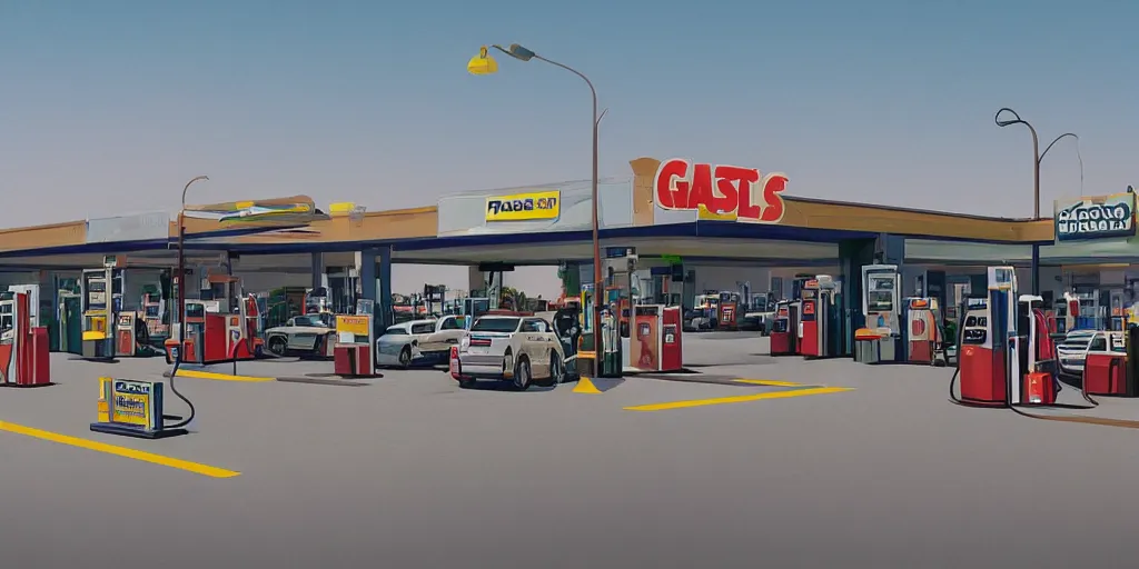 Image similar to a gas station and a parking lot in california, david febland, artstation, matte painting