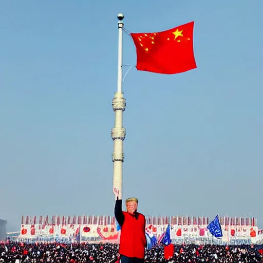 Prompt: Donald Trump waving a china flag at Tianenmen Square, instagram photo