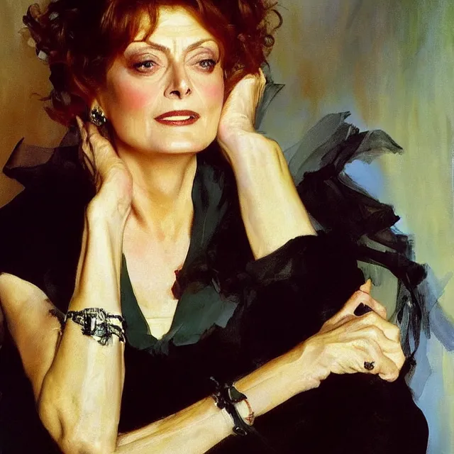 Prompt: a beautiful portrait of susan sarandon by john singer sargent and norman rockwell, strong brushwork