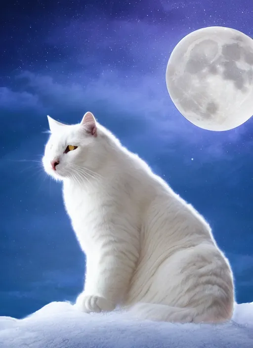 Image similar to giant white cat on a snowy mountain with lightning coming out of its paws, blue sky background with moon