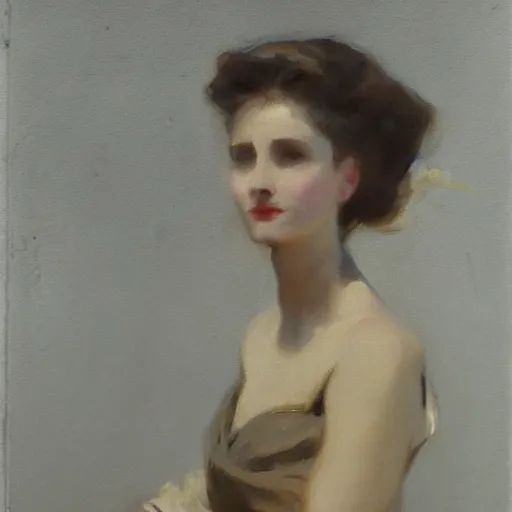 Image similar to a portrait headshot matte painting of beautiful woman in dress walking on street by John Singer Sargent, fine details