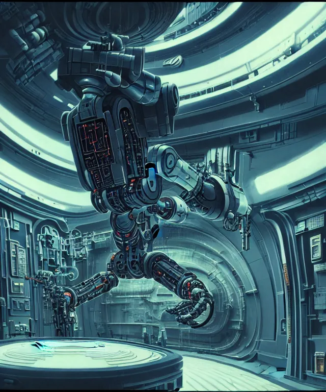 Prompt: realistic detailed image of futuristic cyborg-robot creating a painting in a huge retro-futuristic pipe organ , still from a movie by Terrence Malick, Tarkovsky, Gaspar Noe, James Cameron, intricate artwork by Tooth Wu and wlop and beeple, greg rutkowski, very coherent symmetrical artwork, cinematic, hyper realism, high detail, octane render, unreal engine, 8k, Vibrant colors, Smooth gradients, High contrast, depth of field
