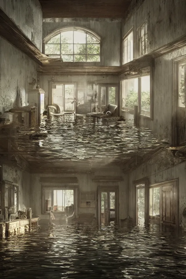 Image similar to flooded house interior, hyperdetailed, octane , hyper realistic , detailed , interior , hyperfocal 8k , in the style of Gregory Crewdson