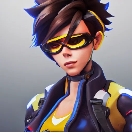 Image similar to portrait of tracer from overwatch, unreal engine 5, trending on art station