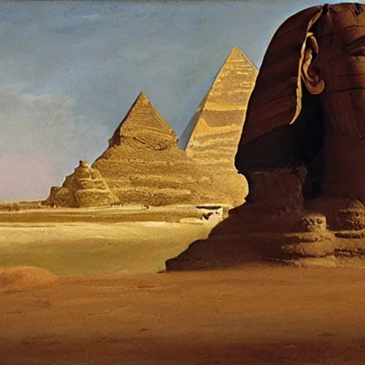 Image similar to the sphinx with the head of john cleese, young john cleese's head on the sphinx, painting by john martin