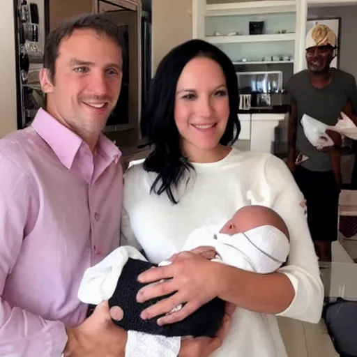 Prompt: a photo of a white man and his dark haired wife that are happy with their 3 month old baby boy. 2 pac can be seen in the background.