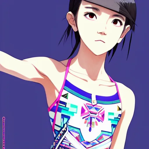 Image similar to a beautiful boyish japanese emma watson alluring instagram model, wearing elegant japanese hiphop leotard outfit with subtle mayan patterns and native fashion, aztec street fashion bathing suit, jrpg fashion, gapmoe yandere grimdark, trending on pixiv fanbox, painted by greg rutkowski makoto shinkai takashi takeuchi studio ghibli, akihiko yoshida