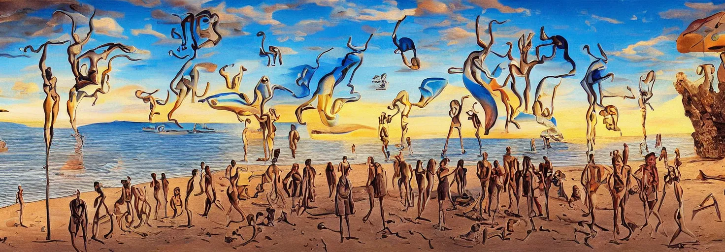 Image similar to People in beach by Salvador Dali and Bob Ross collaboration, mural, sun set, digital art, high details