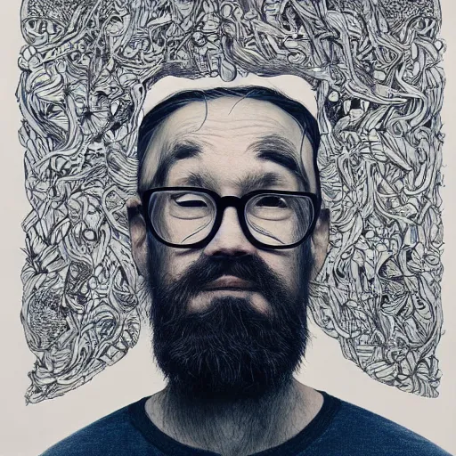 Prompt: James Jean artwork, bearded man with glasses, colourful