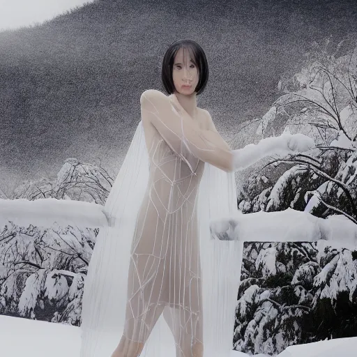 Image similar to coherent symmetrical face, a instax photo of fuji mountain, a tall japanese girl in a transparent sheer fabric dress against the background of fuji mountain, severe snow, full body shot, perfect symmetrical body, coherent symmetrical eyes, by peter kemp, by monia merlo, hyperrealistic, hyperdetailed, octane render, 8 k