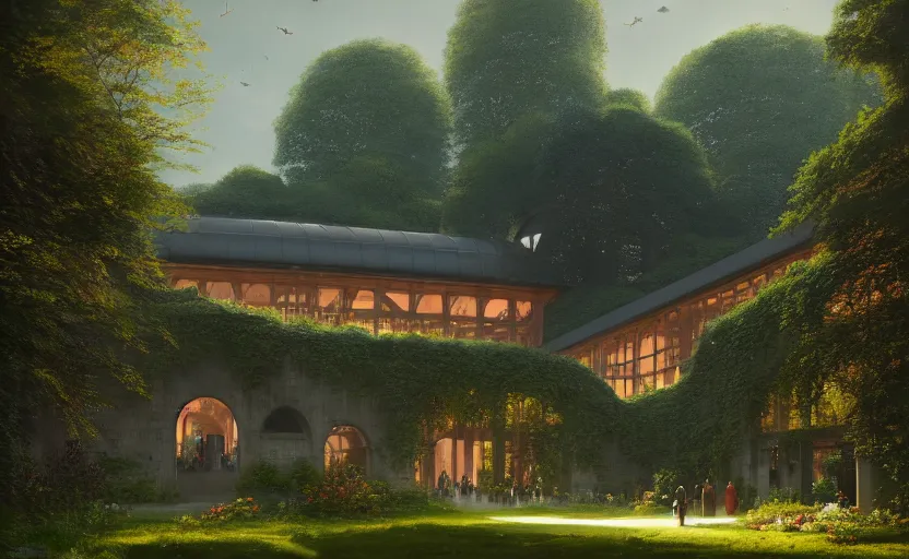 Image similar to exterior shot of utopian train station on in the middle of an english garden with cinematic lighting by peter zumthor and renzo piano, darek zabrocki and greg ruthkowski, simon stalenhag, cinematic, holy place, paradise, scifi, futurism, atmospheric, concept art, artstation, trending on artstation