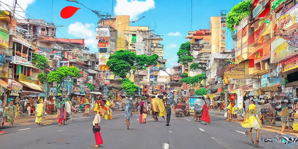 Prompt: colombo sri lankan city street, art by Hayao Miyazaki