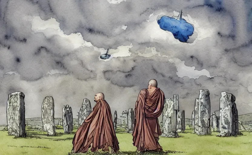 Image similar to a realistic watercolor fantasy concept art of giant monk with a big forehead in grey robes praying in stonehenge. several immense stones are floating in the air. in the background a large ufo is in the sky. by rebecca guay, michael kaluta, charles vess