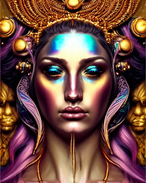 Image similar to hyperrealistic detailed portrait of a beautiful goddess in an iridescent - gold ornamental headdress, intricate cyberpunk make - up, golden face tattoos, art by android jones, john william godward, nekro borja, gothic - cyberpunk, beautiful deep colours,