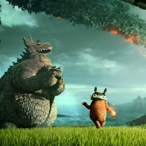 Image similar to cinematic photo of Totoro fighting Godzilla in Tokyo, cinematic, unreal engine, epic, explosions,