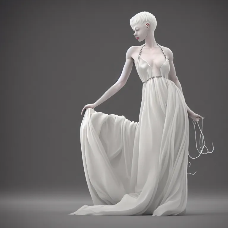 Image similar to alone with herself wonderful symmetrical beautiful albino goddess with a beautiful porcelain body dressed with a majestic semi transparent silk cream roses long dress, hightly ornate, intricate, detailed, dramatic light, award winning, octane render, meredit frampton style