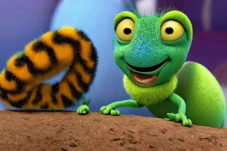 Image similar to disney pixar's a bug's life, cgi caterpillar colorful, furry caterpillar