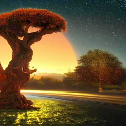 Image similar to The cosmological, central tree Yggdrasil in Celtic Style at sunrise; photorealistic Lomography by Syd Mead; OctaneRender, trending on Artstation