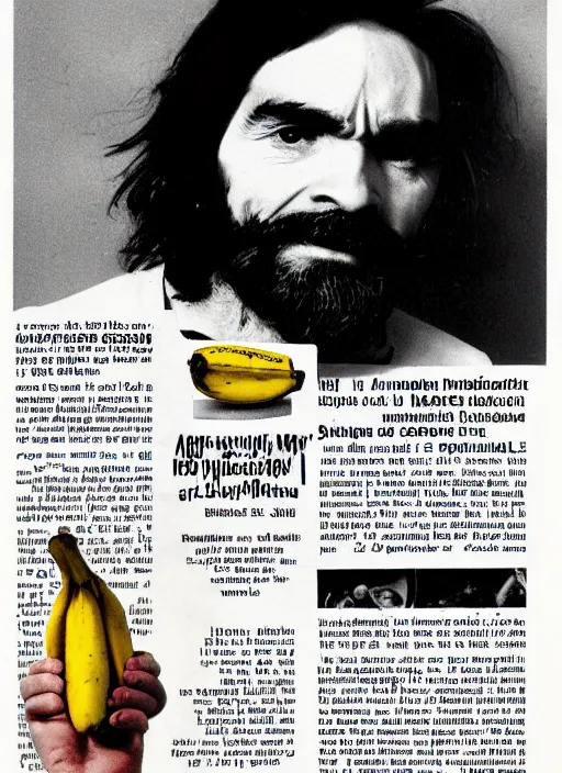 Image similar to vintage pharamaceutical magazine advertisement depicting charles manson slipping on a banana peel