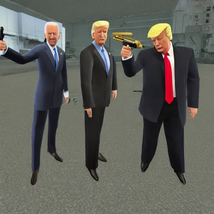 Prompt: Joe Biden and Donald Trump in Garrys Mod Holding a Physics Gun, Gameplay Screenshot, Direct Warm Lighting, High Graphics, Detailed