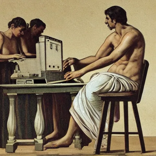 Prompt: ancient greeks building a computer