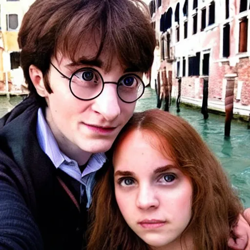 Prompt: Harry Potter and Hermione in Venice, symmetrical face, beautiful eyes, instagram photo,